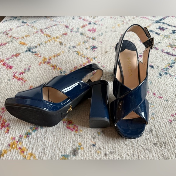 Prada Blue Patent Leather across Cross Navy Block Heel - Picture 2 of 8